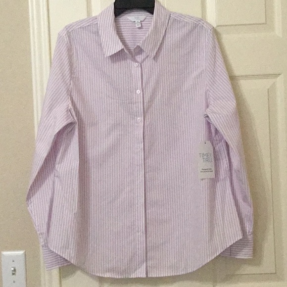 Time and Tru Women's Long Sleeve Button Down Striped Shirt white violet - Picture 3 of 12